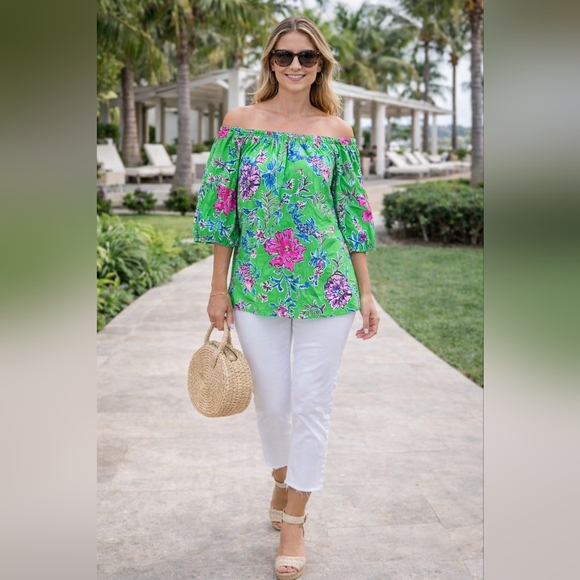 Lilly Pulitzer Tops - Lilly Pulitzer Brewster Blooms Nevie Off-Shoulder Top Gecko Green Pink M NWT